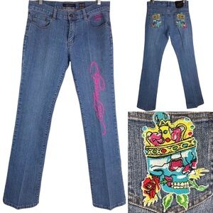 Ed Hardy Vintage Y2K Embroidered Denim Blue Skull Crown & Rose Tattoo Jeans 12